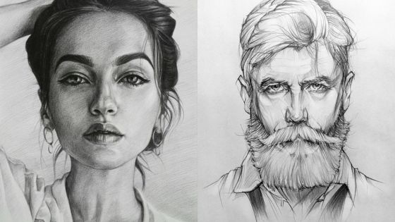 Pencil sketches of a young woman and an older man side by side.