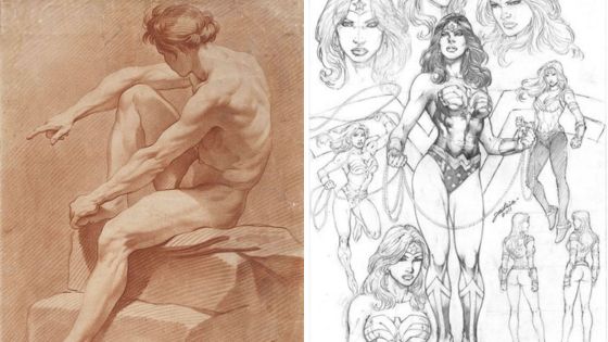 Left: Sketch of a nude man sitting. Right: Drawings of a female superhero in various poses and expressions.
