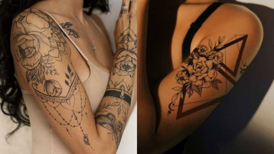 Two people showcasing detailed floral arm tattoos, with intricate designs featuring flowers and geometric shapes.