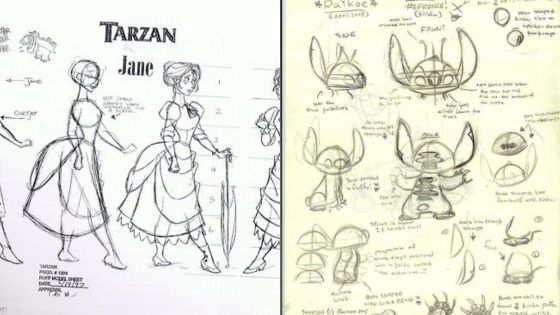Character design sketches of Jane from Tarzan on the left and Stitch from Lilo & Stitch on the right, showcasing animation concepts.
