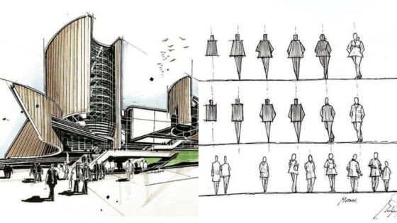 Sketch of a modern building with geometric shapes alongside human figure sketches in different postures and sizes.