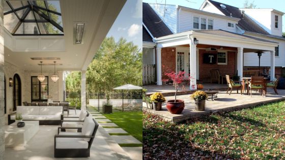 Modern patio vs. rustic porch: sleek outdoor lounge with greenery next to cozy patio with furniture and fall decor.