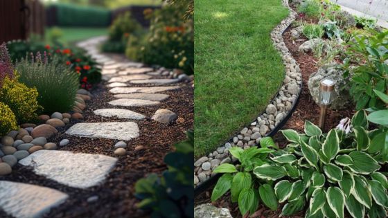 Beautiful garden pathways with stone borders and lush green plants, showcasing well-maintained landscaping designs.