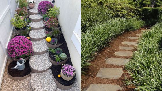Beautiful garden pathways: a gravel path adorned with flowers on the left and a stepping stone path surrounded by greenery on the right.