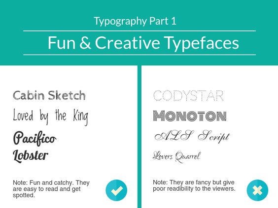 Fun and creative typefaces shown: Cabin Sketch, Loved by the King, Pacifico, Lobster, Codystar, Monoton, ALS Script, Lovers Quarrel.