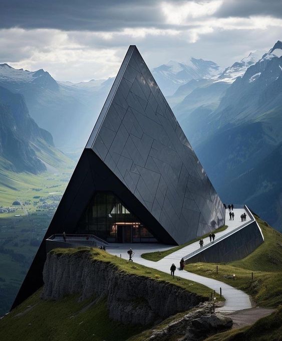 A futuristic, angular black building sits atop a mountain peak, featuring a sharp, triangular design with visitors walking along a winding path leading to it amidst a backdrop of foggy mountains.