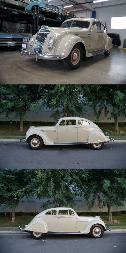 Classic cream 1930s vintage car showcased in a garage and on a street, displaying elegant art deco design details.