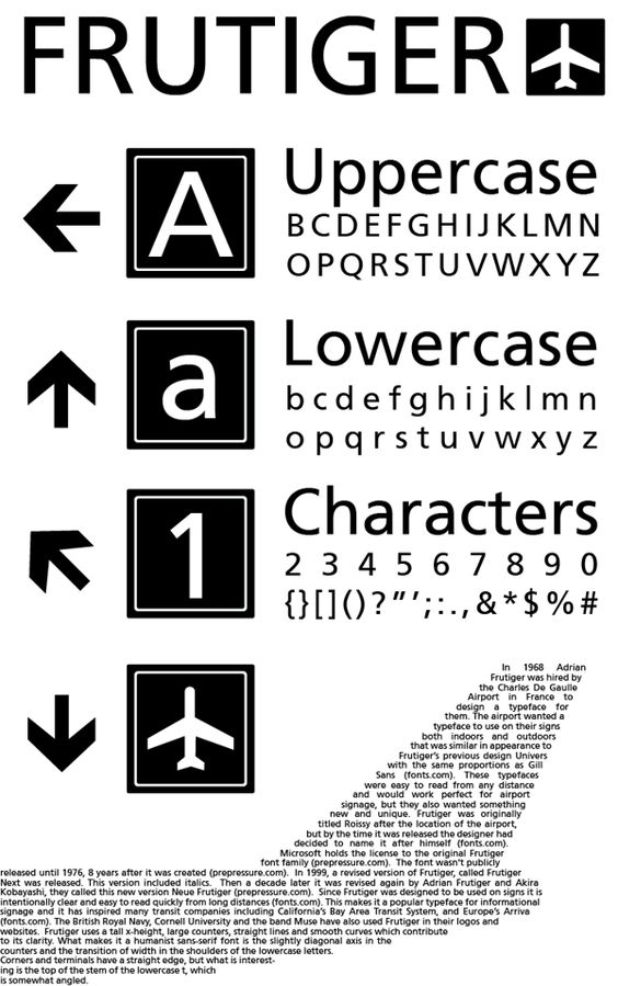 Frutiger font sample showcasing uppercase, lowercase, characters, and symbols. Includes arrows and descriptions.