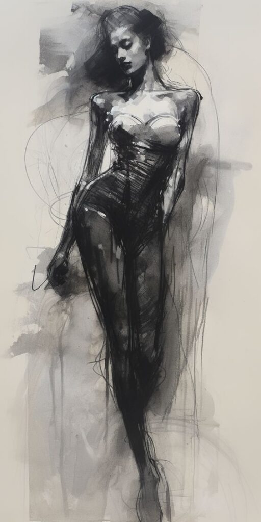 A sketch of a woman in a strapless garment with dark, fluid lines and smoky shading, against a minimalist background.