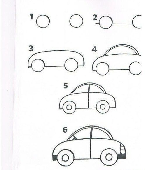Step-by-step drawing instructions for a simple car.