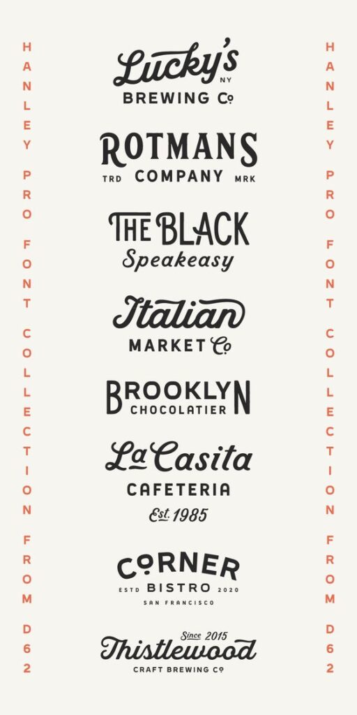 Sample logos from Hanley Pro Font Collection featuring diverse styles for brewing, markets, chocolatiers, and eateries.