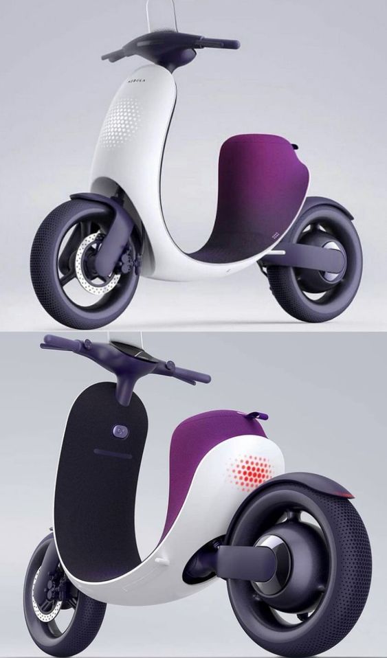 Modern white and purple electric scooter with innovative design, showing front and rear views, sleek wheels, and minimalistic frame.