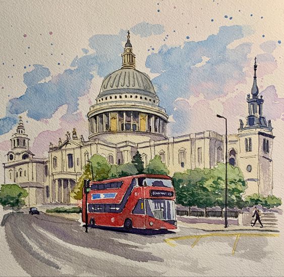 Watercolor painting of a red double-decker bus passing in front of St. Paul's Cathedral in London, framed by a partly cloudy sky and surrounded by greenery.
