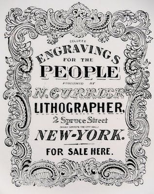 Vintage advertisement for N. Currier Lithographer, offering colored engravings at 2 Spruce Street, New York. Elegant floral border.