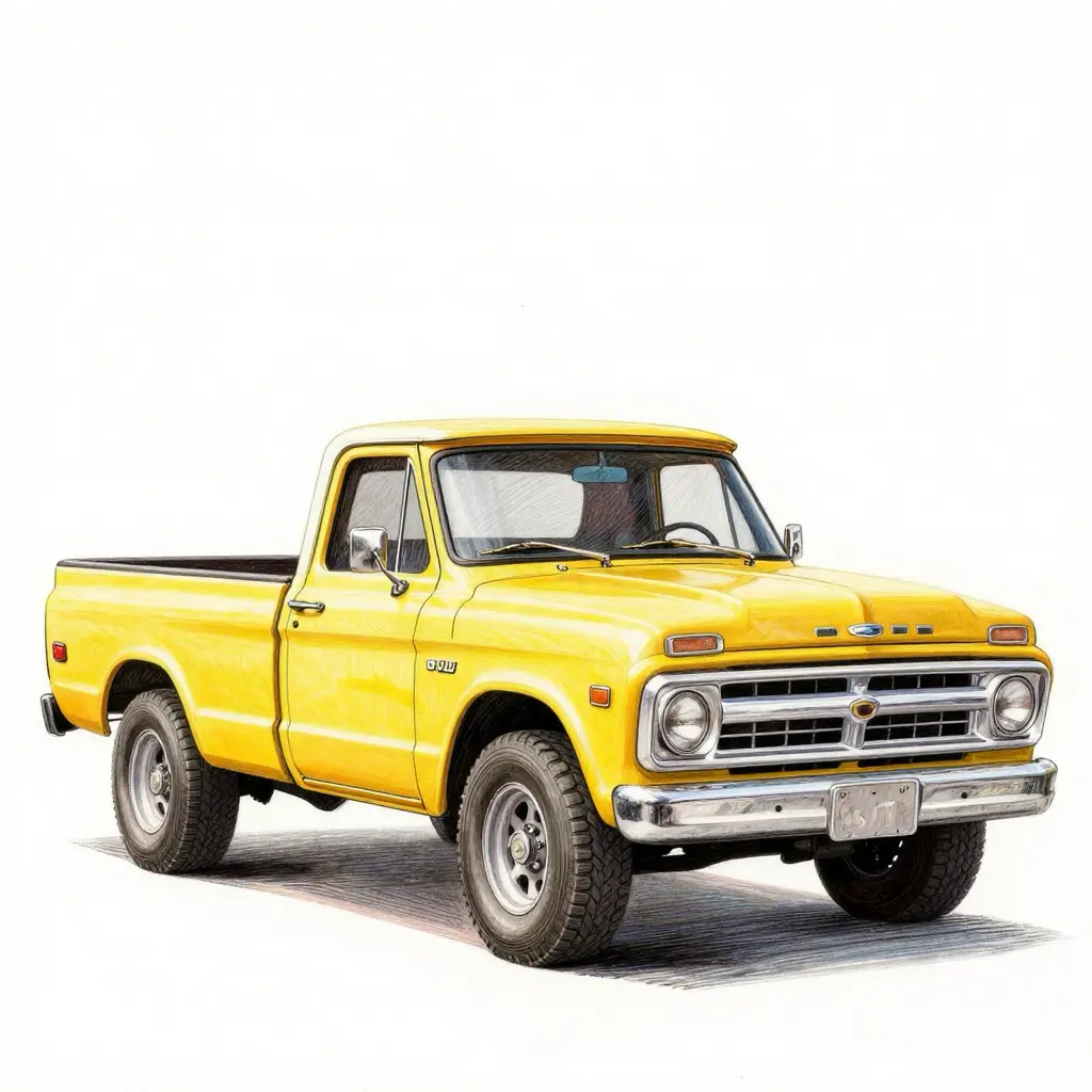 Vintage yellow pickup truck with chrome accents, parked on a white background. Classic design, rugged tires, and a timeless appeal.