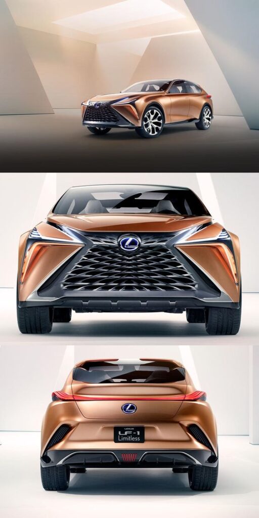 Bronze Lexus LF-1 Limitless luxury SUV showcased from front and rear views, featuring sleek design and futuristic headlights.