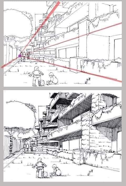 Two black-and-white architectural sketches of a building with multiple levels and greenery. The top image highlights perspective lines, and the bottom one shows people interacting in front of the building.