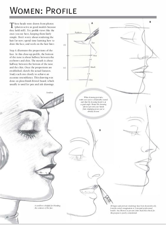 Illustration depicting step-by-step drawing of a woman's profile for an art tutorial.