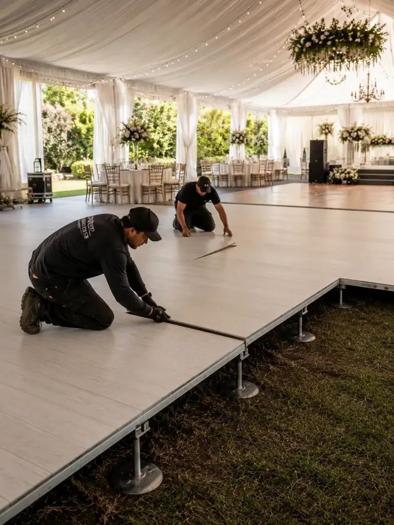 c7db5ba9-000a-4a7c-95a8-3f6ad0a60a42 Two workers installing a portable wooden dance floor in an outdoor white wedding tent with tables and floral decor | Sky Rye Design Two workers installing a portable wooden dance floor in an outdoor white wedding tent with tables and floral decor