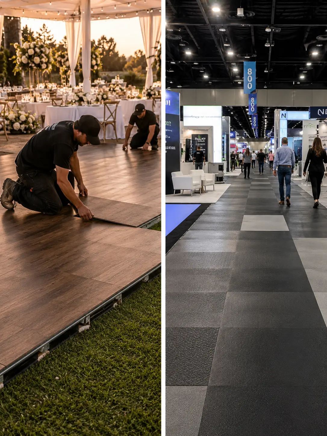 d6e49d25-9e59-4725-9fb4-31f707cfed51 Modular event flooring: crew installing wooden dance floor at outdoor wedding and modular aisle tiles at trade show. | Sky Rye Design Modular event flooring: crew installing wooden dance floor at outdoor wedding and modular aisle tiles at trade show.