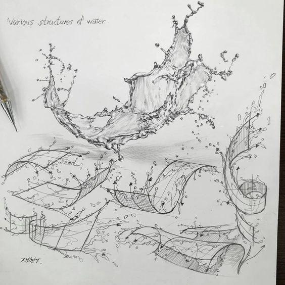 Pencil drawing showcasing various structures of water splashes and wave forms in intricate detail on a white paper.