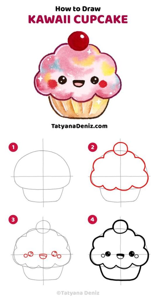 Step by step guide to draw a kawaii cupcake illustration.