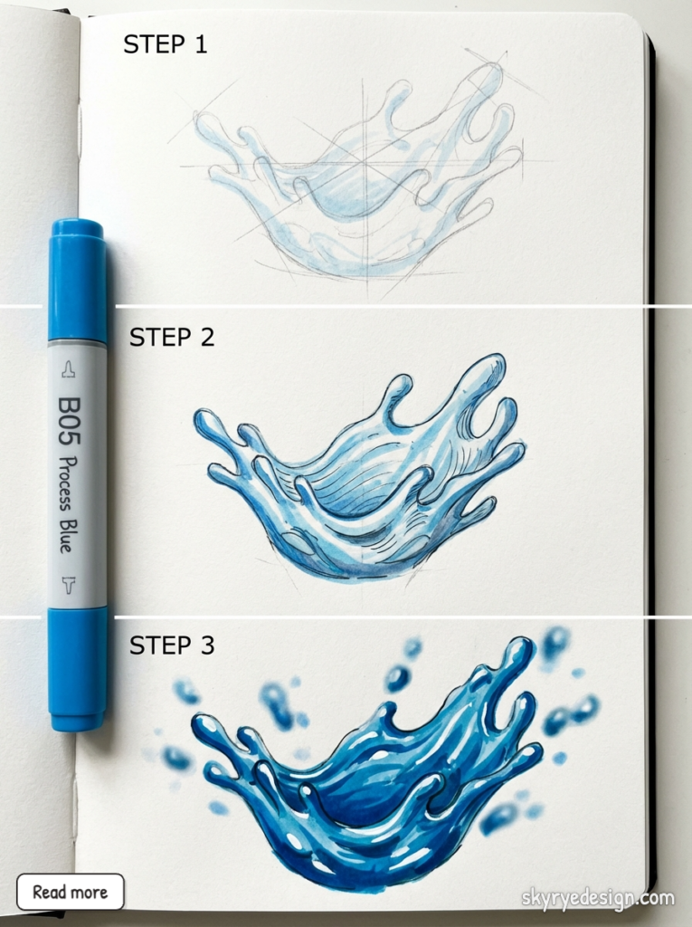 Three-step water splash illustration tutorial showing pencil sketch, marker shading, and final glossy blue splash using B05 Process Blue marker