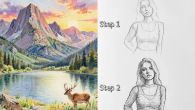 Mountain landscape with a deer by a lake at sunset. Next to it, a two-step pencil sketch of a woman's face. Steps indicate progression.
