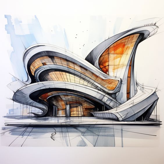 Futuristic architectural sketch of a modern, curvilinear building with large glass windows and sleek, flowing design lines.