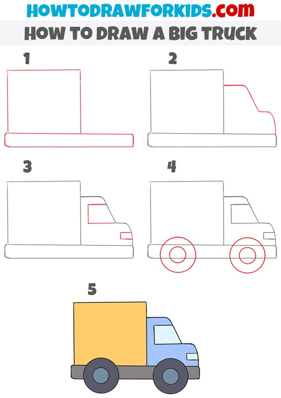 Step by step drawing guide for a big truck