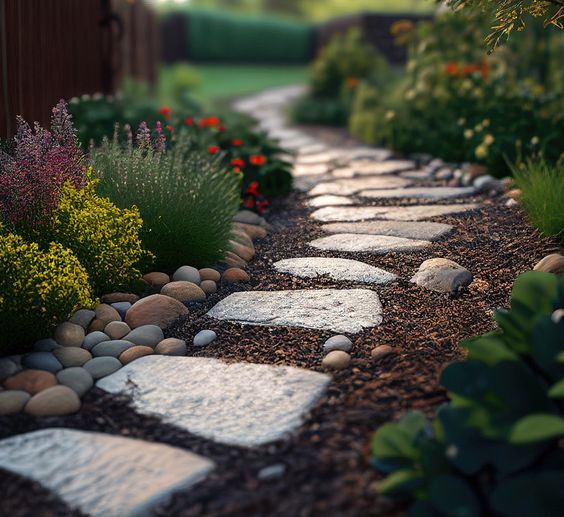 Stone garden path surrounded by lush greenery and colorful flowers, creating a serene, landscaped outdoor ambiance.