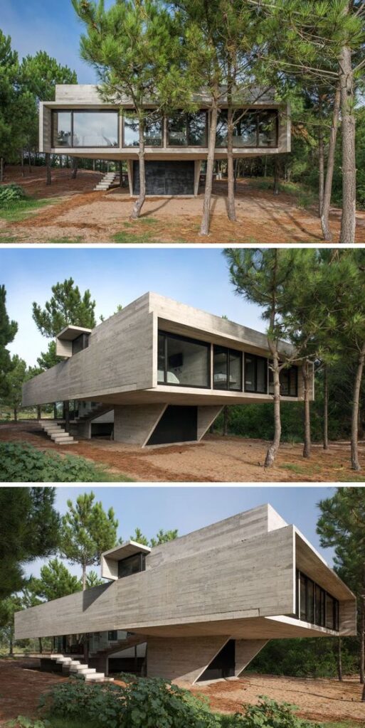Modern elevated concrete house surrounded by trees in nature, featuring large glass windows and angular design.