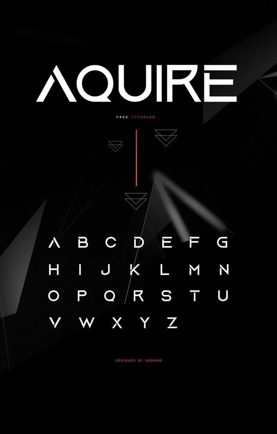 Aquire typeface sample showcasing modern, futuristic alphabet design on a dark background by designer Sesohq.