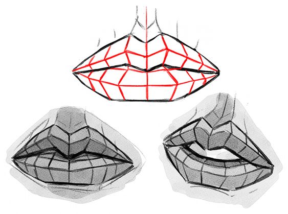 Drawing tutorial showing geometric guidelines for sketching lips in different angles. Artistic step-by-step mouth drawing technique.