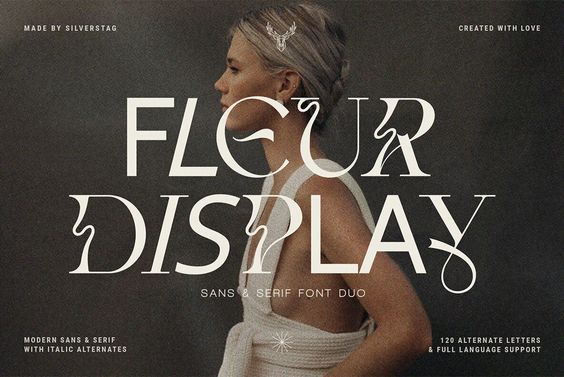 Stylish Fleur Display sans and serif font duo by SilverStag, featuring modern italics and 120 alternate letters for creative designs.