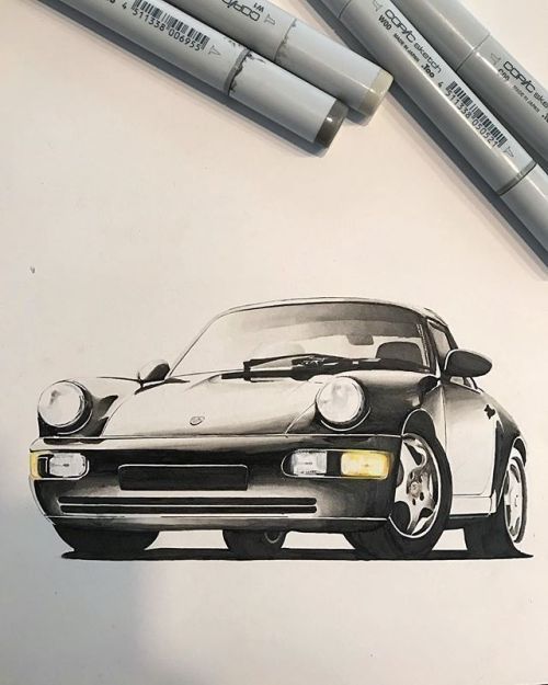 Illustration of a classic sports car with gray markers in the background. Realistic drawing of vintage car.