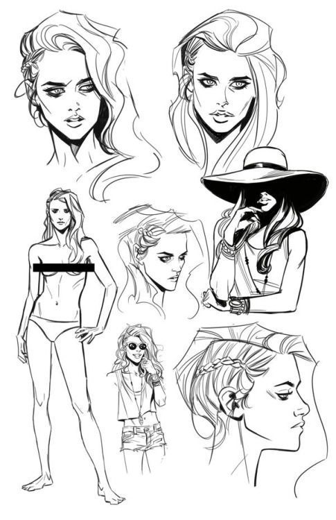 Sketches of a woman in different poses and outfits, including a swimsuit, summer clothes, and a large hat with flowing hair.