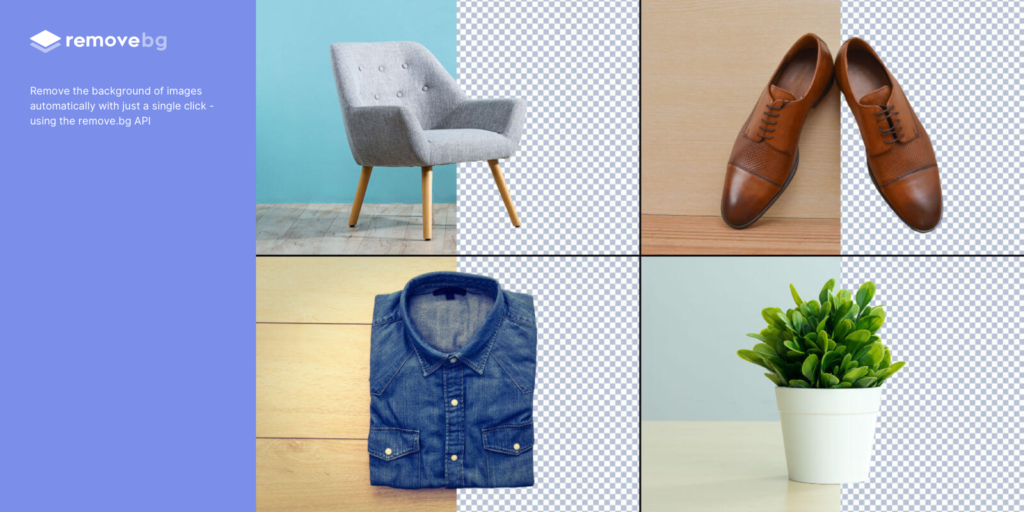 Four images with backgrounds automatically removed: a gray chair, a pair of brown dress shoes, a blue denim shirt, and a green potted plant.