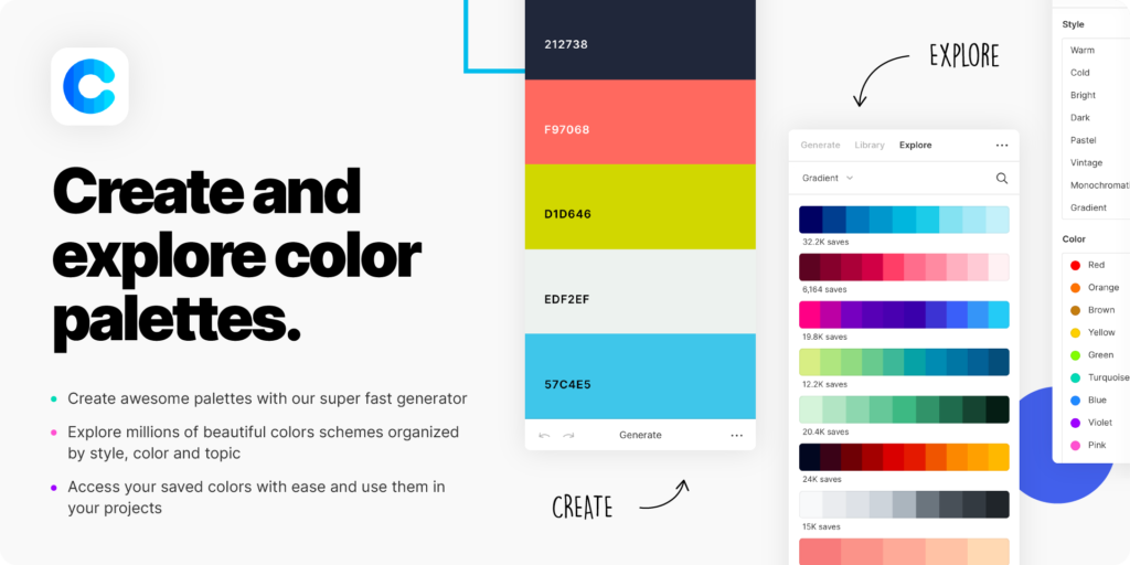 A user interface for a color palette generator, featuring tools to create and explore various color combinations. Options for styles and colors are shown, along with a color palette selection area.