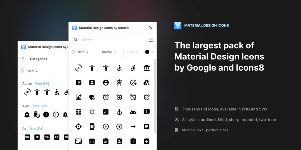 Screenshot of Material Design Icons by Icons8 showing a catalog of icons with options to filter by categories and styles, accompanied by a description of the icon pack's features.