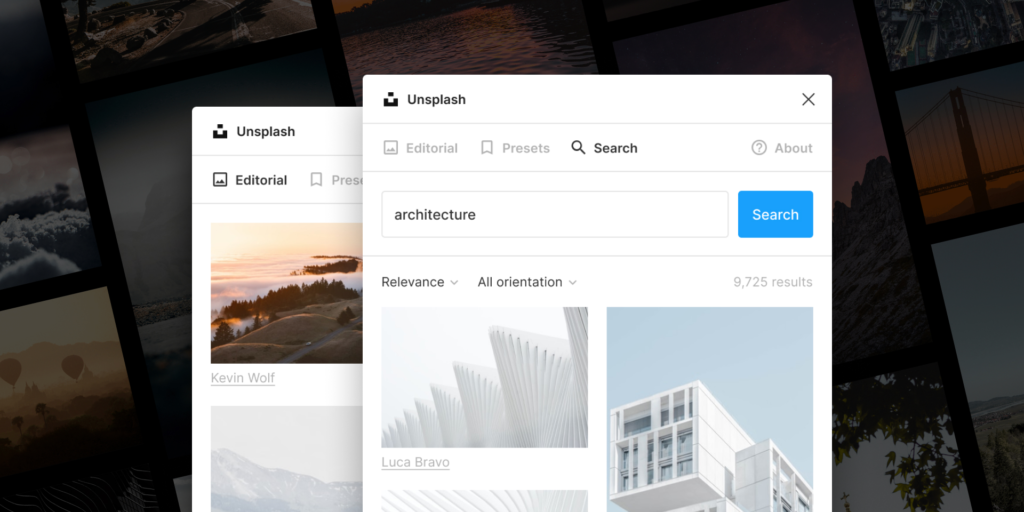Unsplash website interface displaying architecture search results