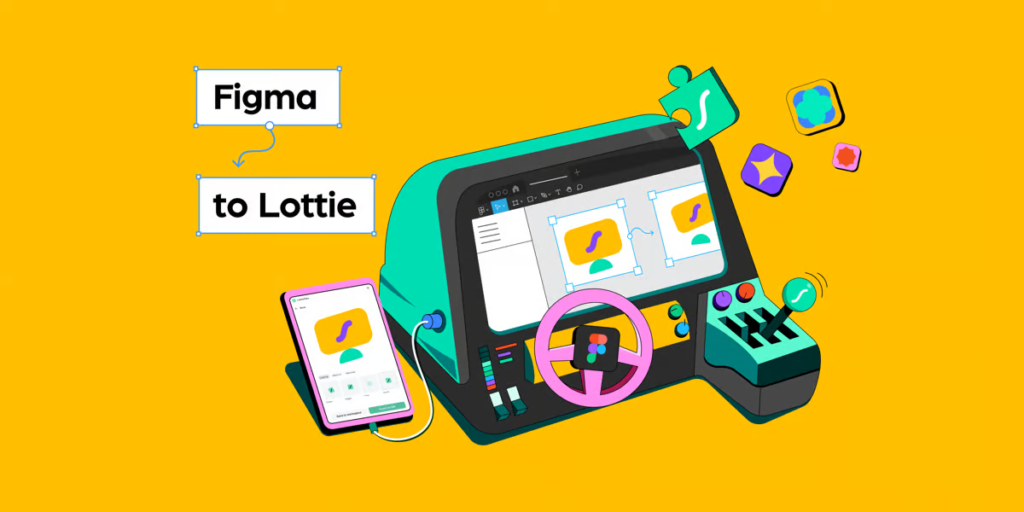 Illustration of a desktop setup with a computer screen, tablet, gaming controls, and text: "Figma to Lottie" against a yellow background.