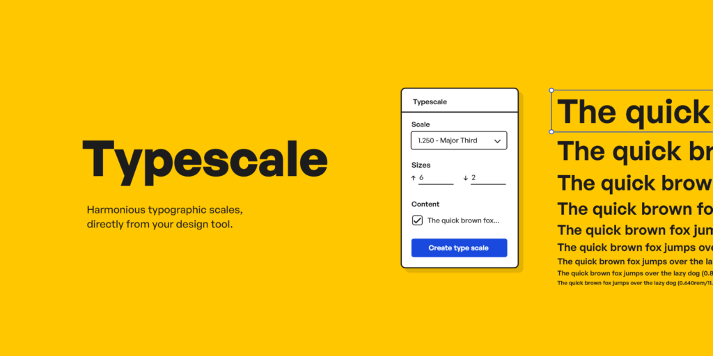An interface showcasing a typographic scale tool with various text sizes on a yellow background, accompanied by the word "Typescale" and a brief description about harmonious typographic scales.