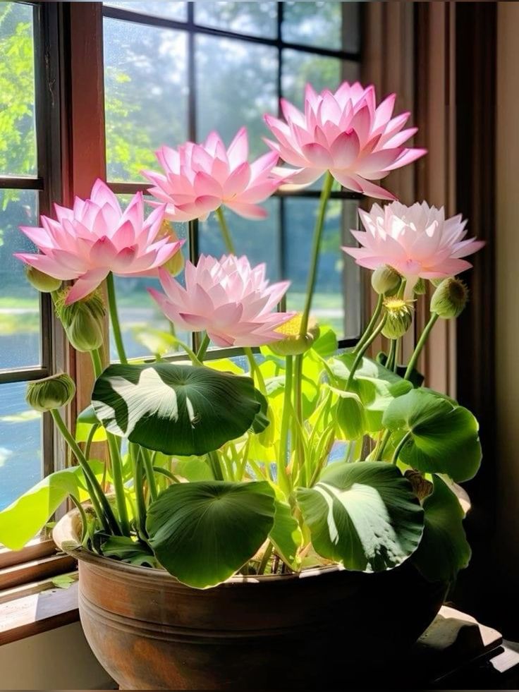 Pink lotus flowers bloom in a large pot by a sunlit window, surrounded by lush green leaves.