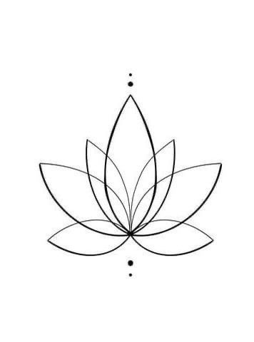 Minimalistic black and white lotus flower drawing with symmetrical lines and dots, ideal for yoga, meditation, and wellness themes.