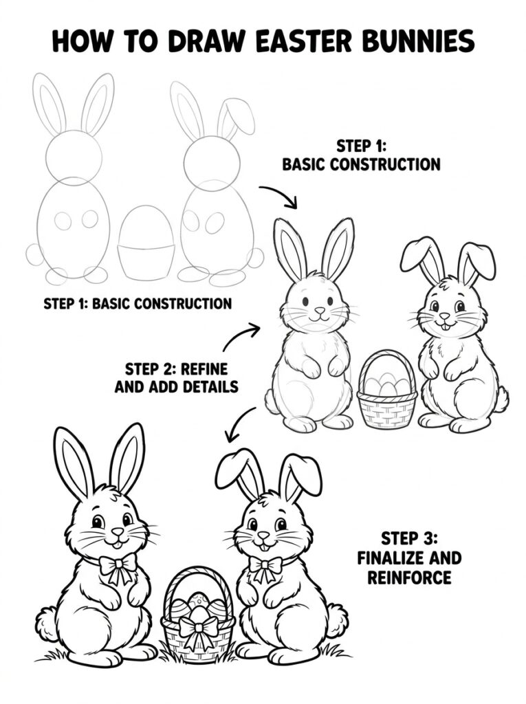 How to draw Easter bunnies step-by-step tutorial: line art of two cartoon bunnies with Easter basket and construction guides