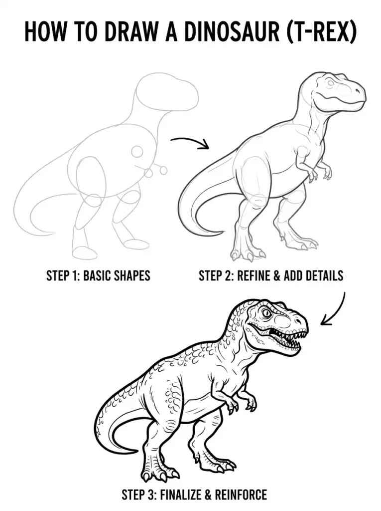 How to draw a T-Rex: step-by-step tutorial showing basic shapes, refined sketch, and final detailed dinosaur illustration