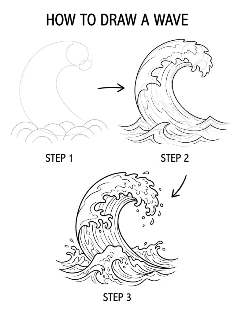 How to draw a wave: step-by-step 3-stage tutorial showing rough sketch to finished inked ocean wave line art