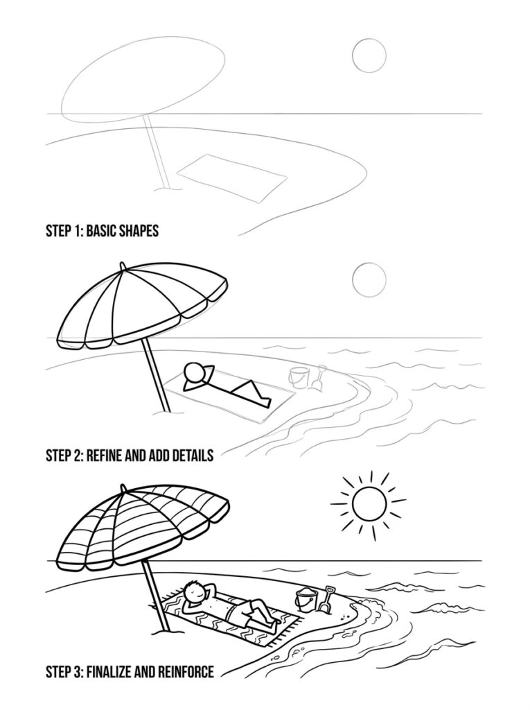 Beach drawing tutorial in three steps: umbrella, sunbather on towel, sand bucket and shovel, ocean waves