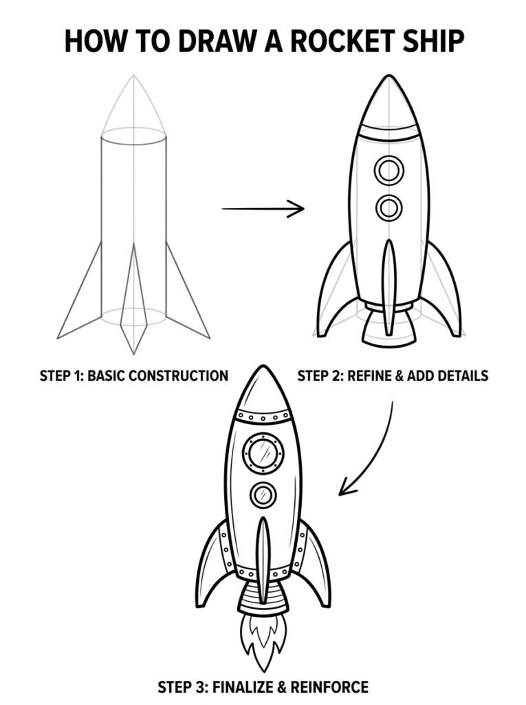 How to draw a rocket ship: 3-step drawing tutorial showing construction, refinement, and final rocket illustration